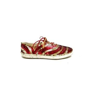 Vintage 1980s red and gold sequin canvas lace up party sneakers